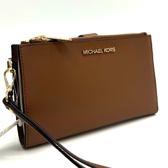 Michael Kors Large Double Zip Wallet Wristlet Luggage Brown - Picture 1 of 9